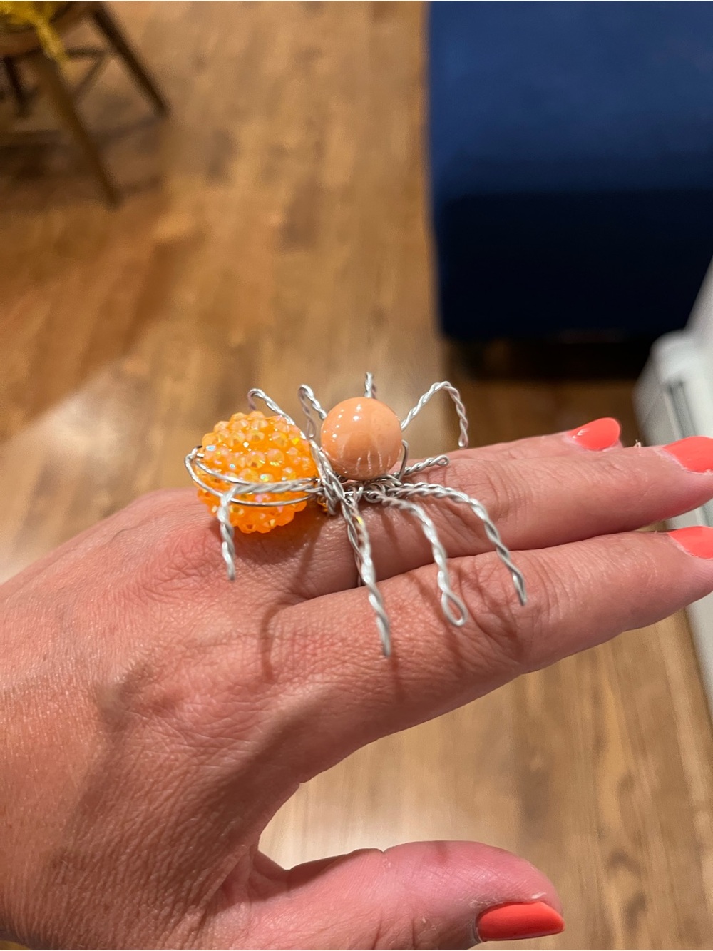 Handmade Wire Spider Ring with Orange Beads